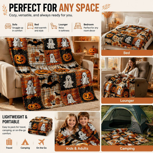 🎃🔥Halloween Pumpkin & Bat Flannel Throw Blanket
