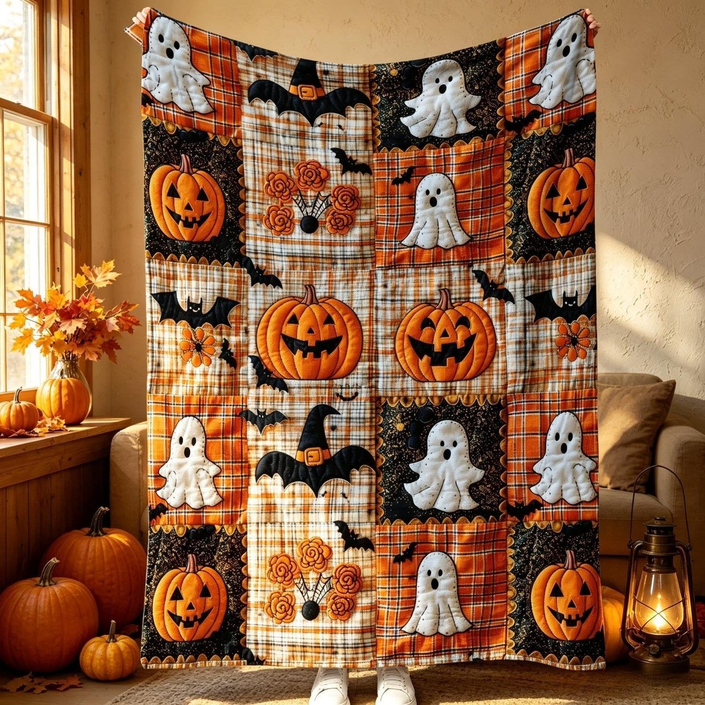 🎃🔥Halloween Pumpkin & Bat Flannel Throw Blanket