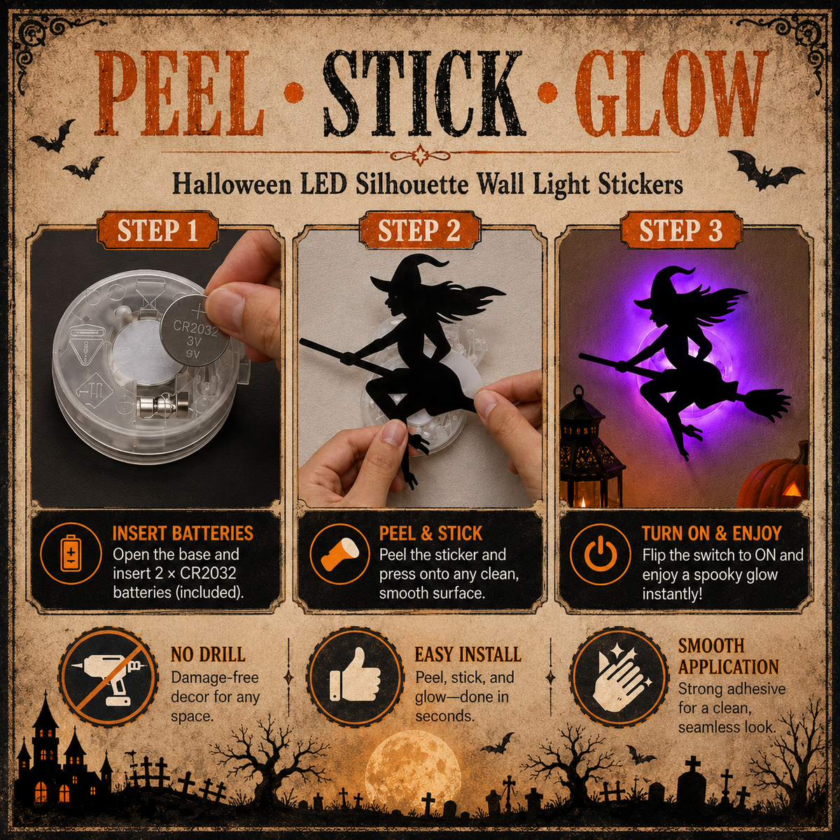 Halloween LED Silhouette Wall Stickers Battery Powered（8 PCS）