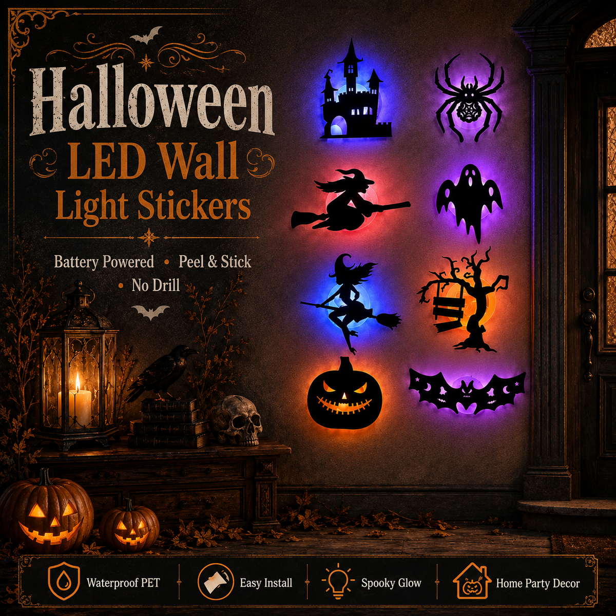 Halloween LED Silhouette Wall Stickers Battery Powered（8 PCS）