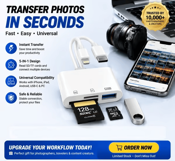 5-in-1 SD Card Reader for iPhone & USB-C