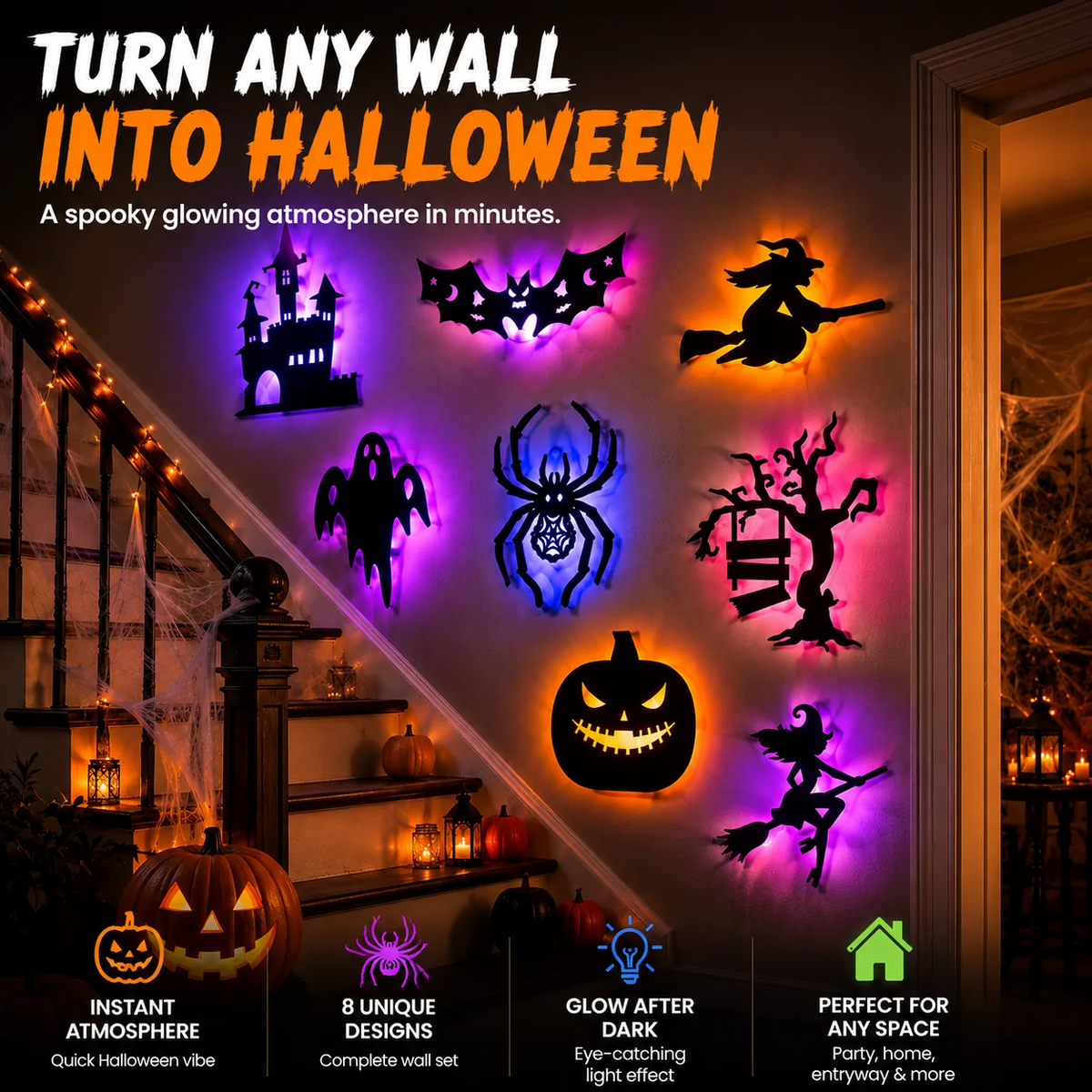 Halloween LED Silhouette Wall Stickers Battery Powered（8 PCS）